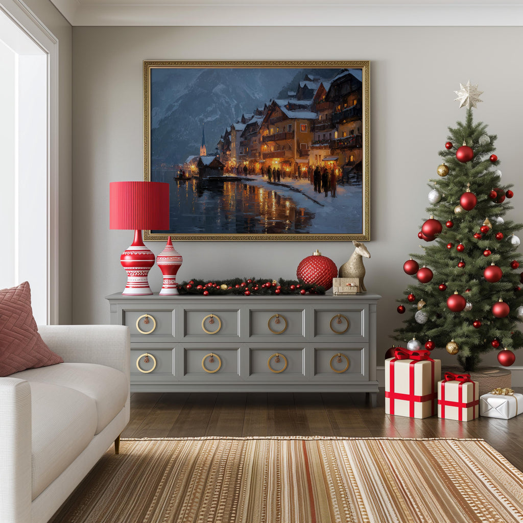 Hallstatt Christmas Wall Art, Custom Large Austria Travel Poster Print, World Location Painting