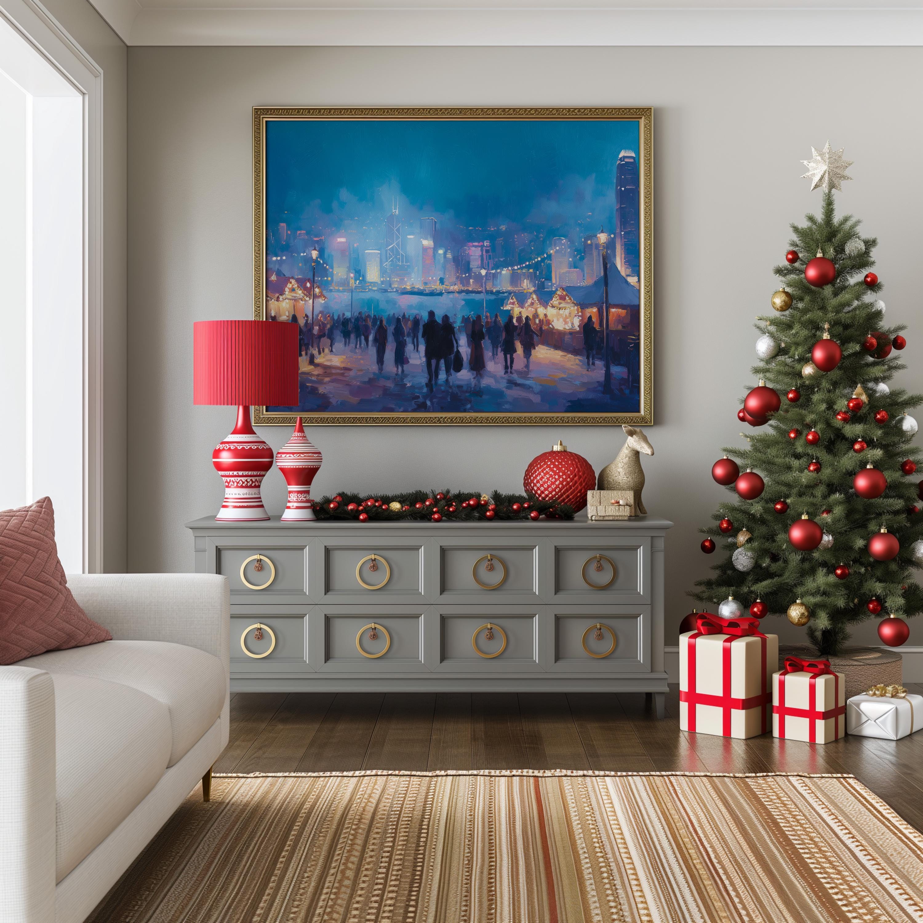 Hong Kong Christmas Wall Art, Custom Large Travel Poster Print, World Location Painting