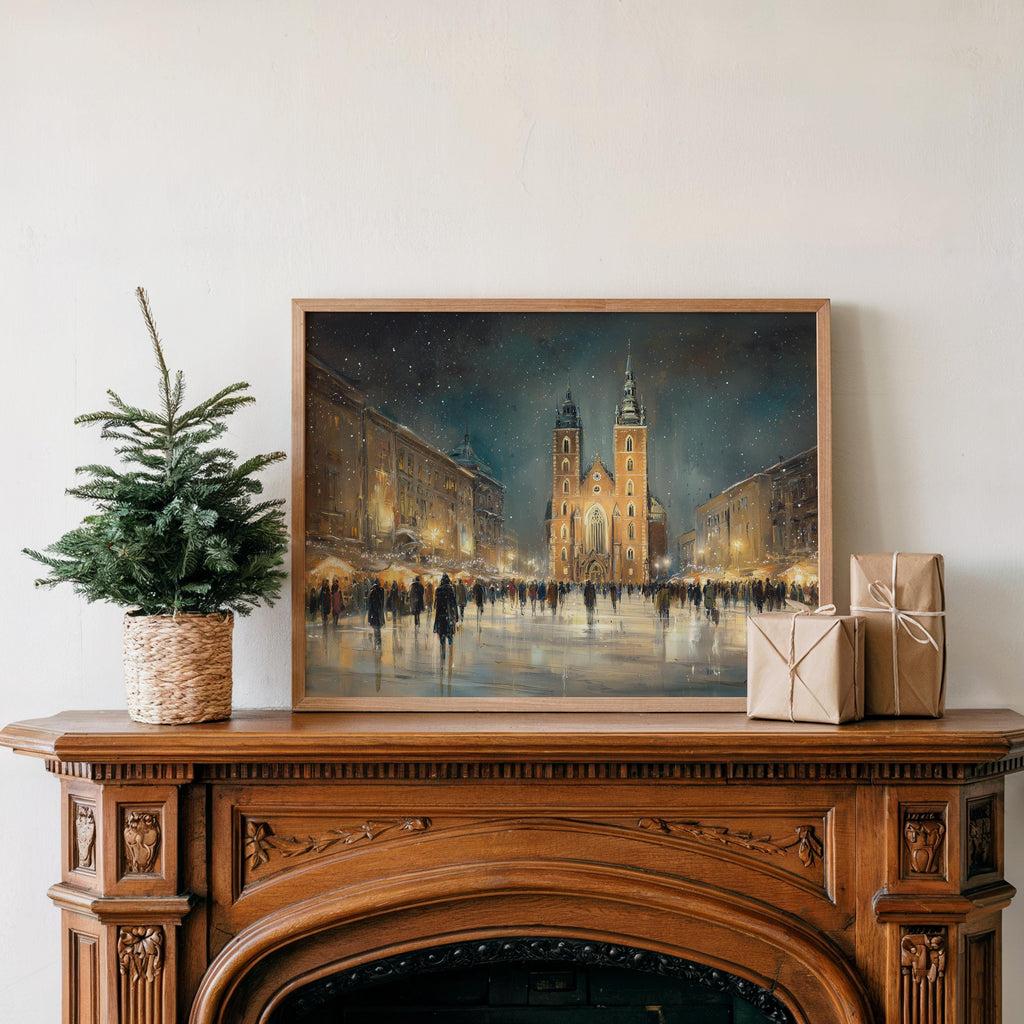 Krakow Poland Christmas Wall Art, Custom Large Travel Poster Print, World Location Painting
