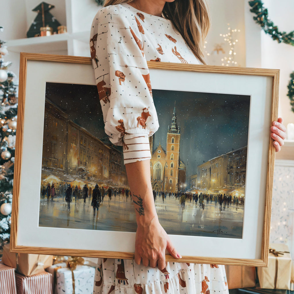 Krakow Poland Christmas Wall Art, Custom Large Travel Poster Print, World Location Painting