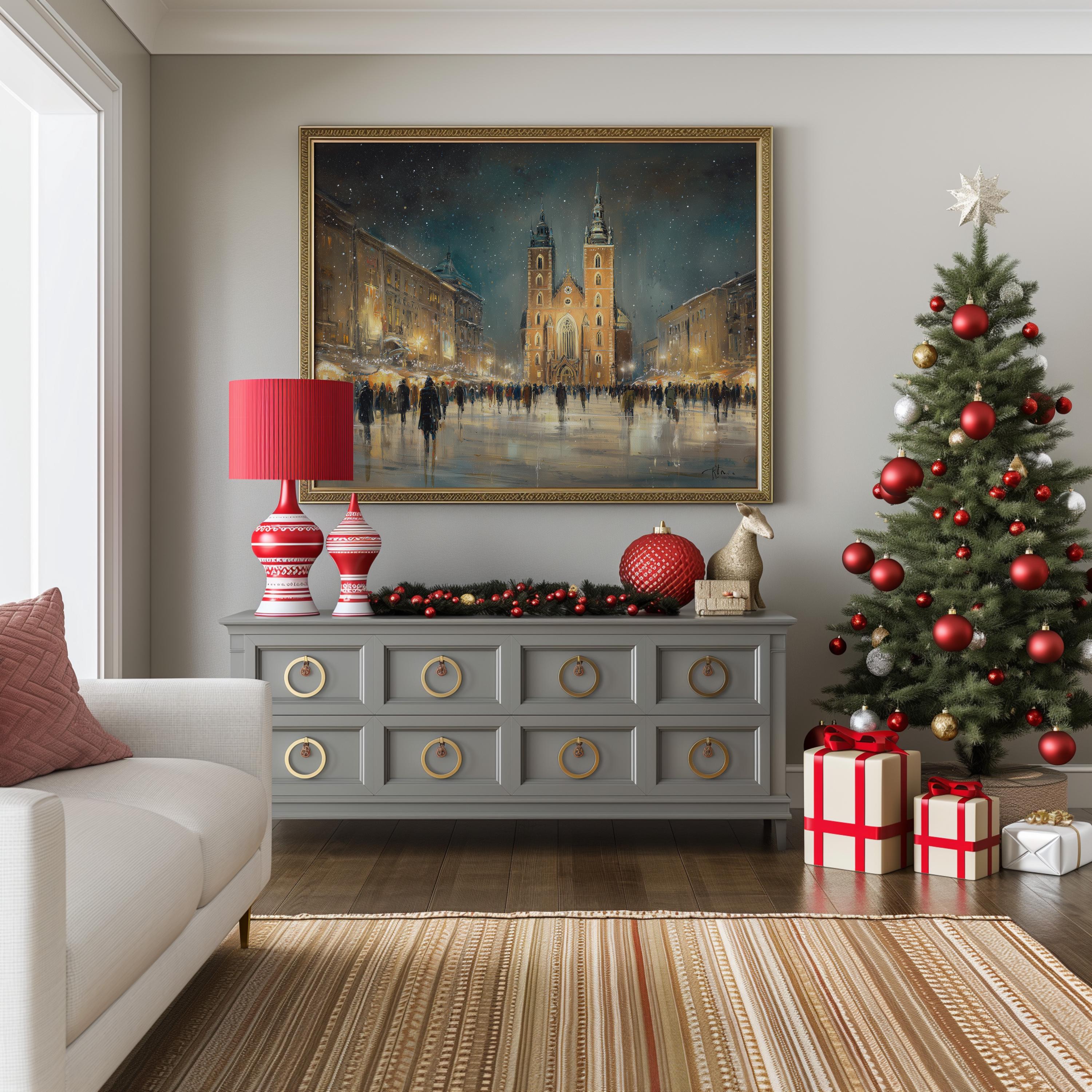 Krakow Poland Christmas Wall Art, Custom Large Travel Poster Print, World Location Painting
