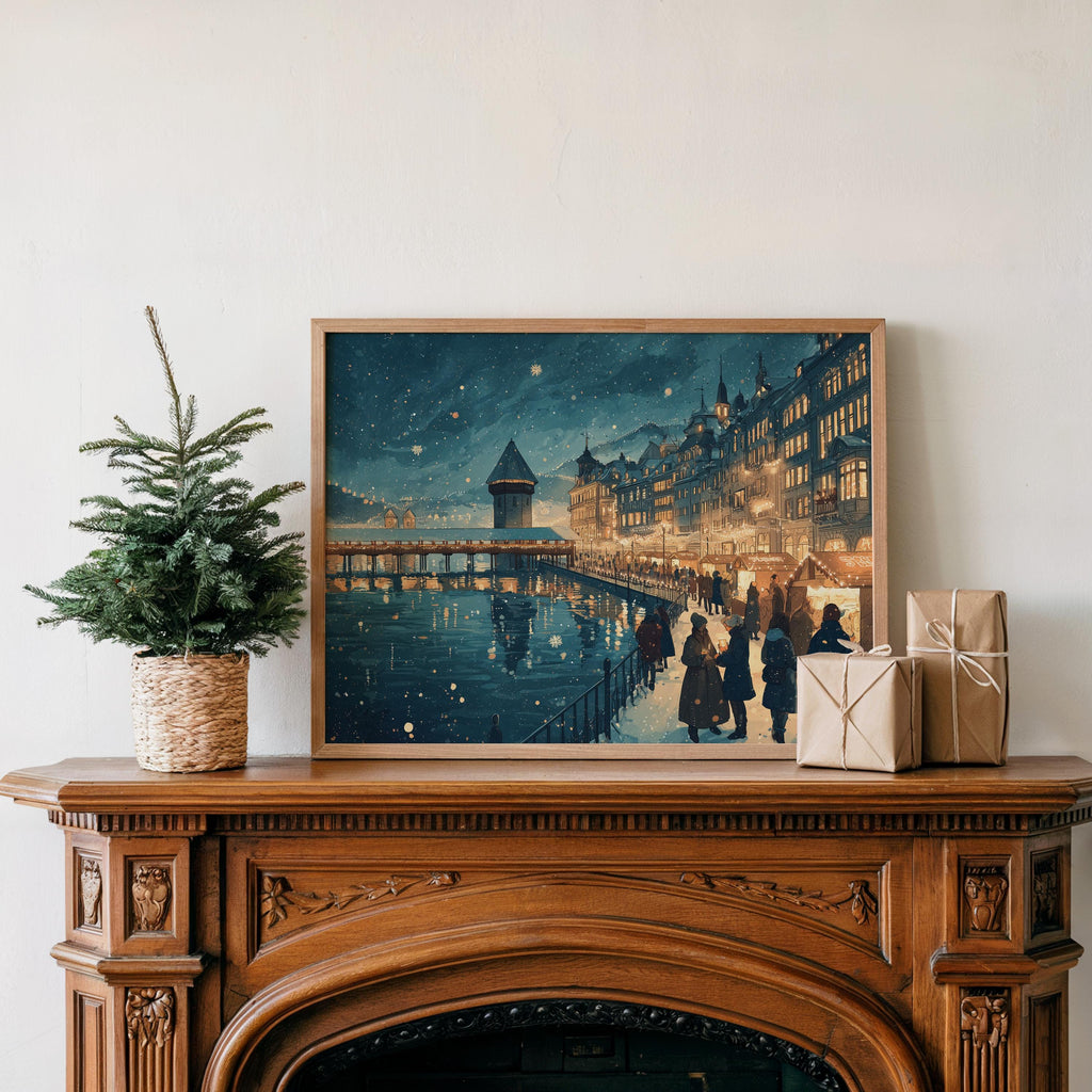Lucerne Switzerland Christmas Wall Art, Custom Large Travel Poster Print, World Location Painting