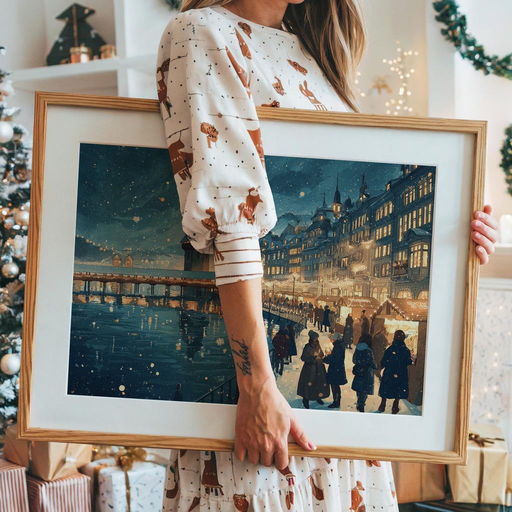 Lucerne Switzerland Christmas Wall Art, Custom Large Travel Poster Print, World Location Painting