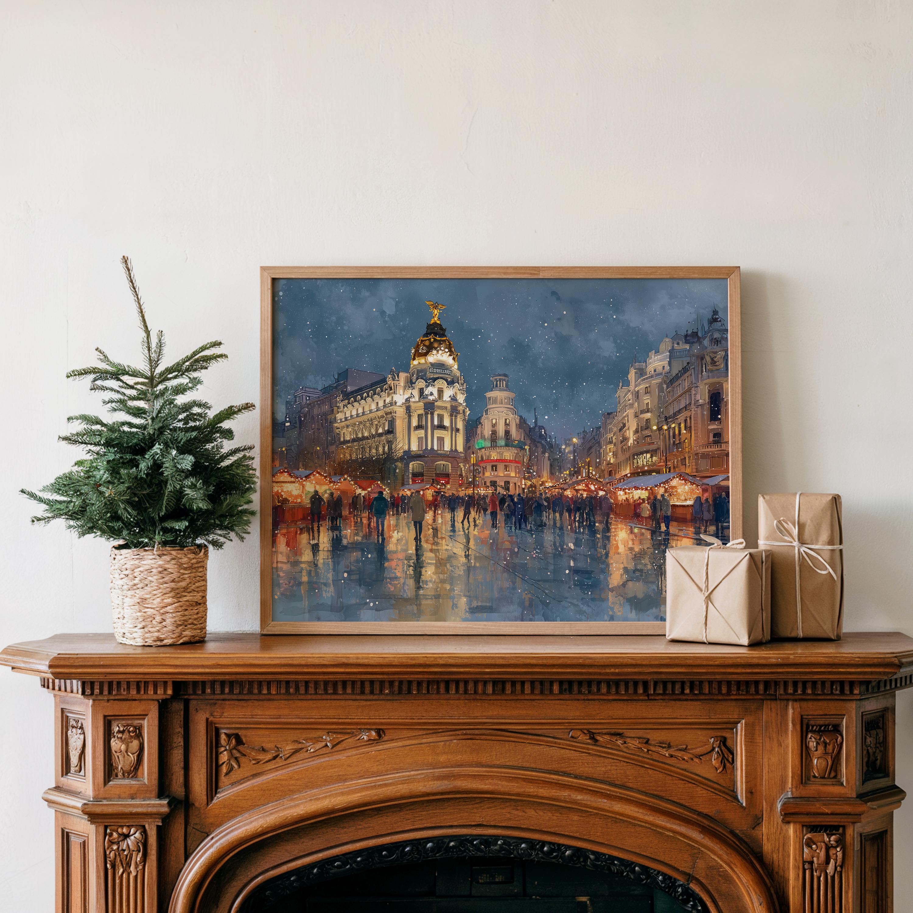 Madrid Spain Christmas Wall Art, Custom Large Travel Poster Print, World Location Painting