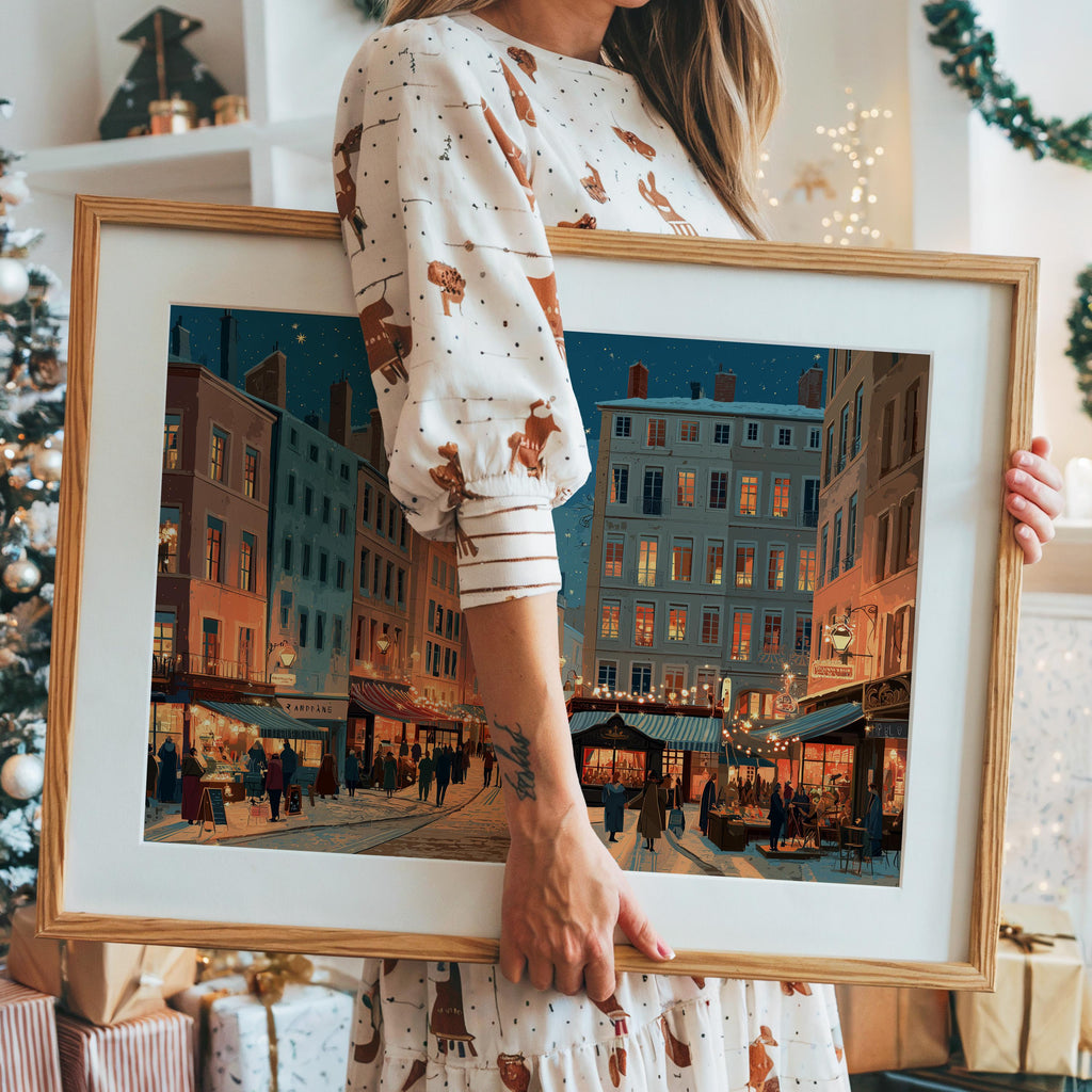 Lyon France Christmas Wall Art, Custom Large Travel Poster Print, World Location Painting