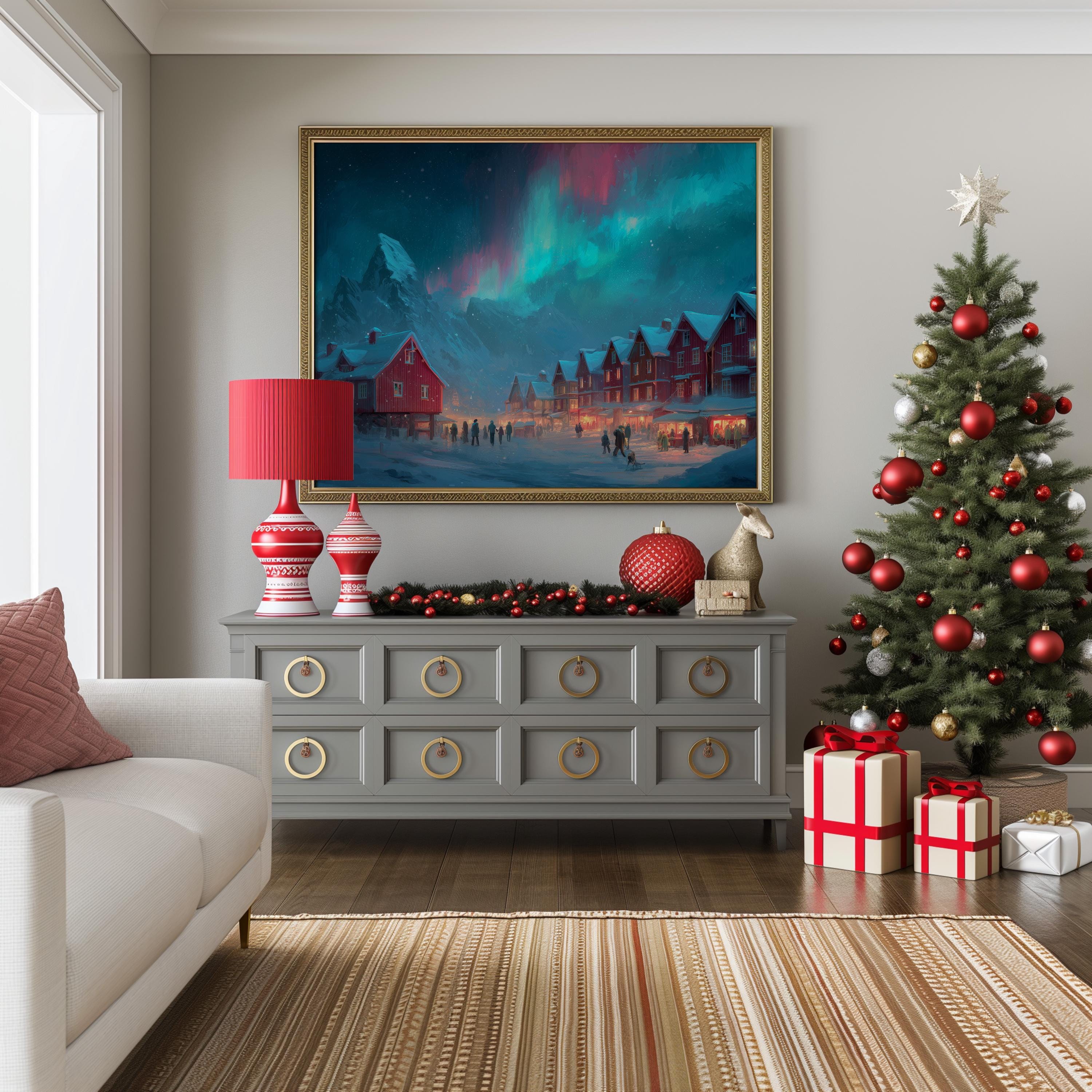 Lofoten Norway Christmas Wall Art, Custom Large Travel Poster Print, World Location Painting