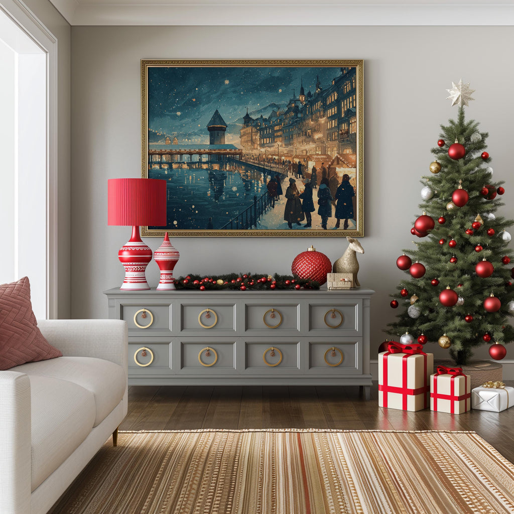 Lucerne Switzerland Christmas Wall Art, Custom Large Travel Poster Print, World Location Painting