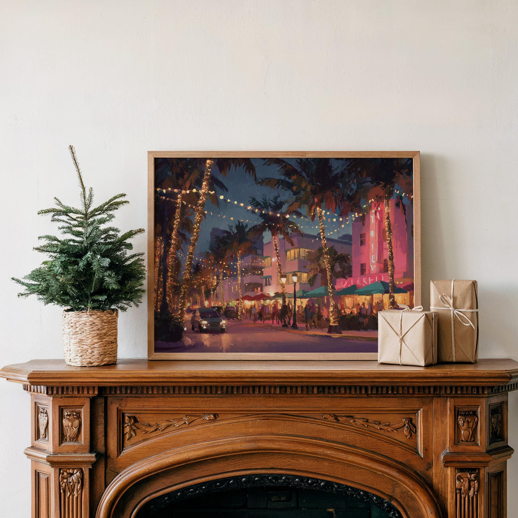 Miami Florida Christmas Wall Art, Custom Large Travel Poster Print, World Location Painting