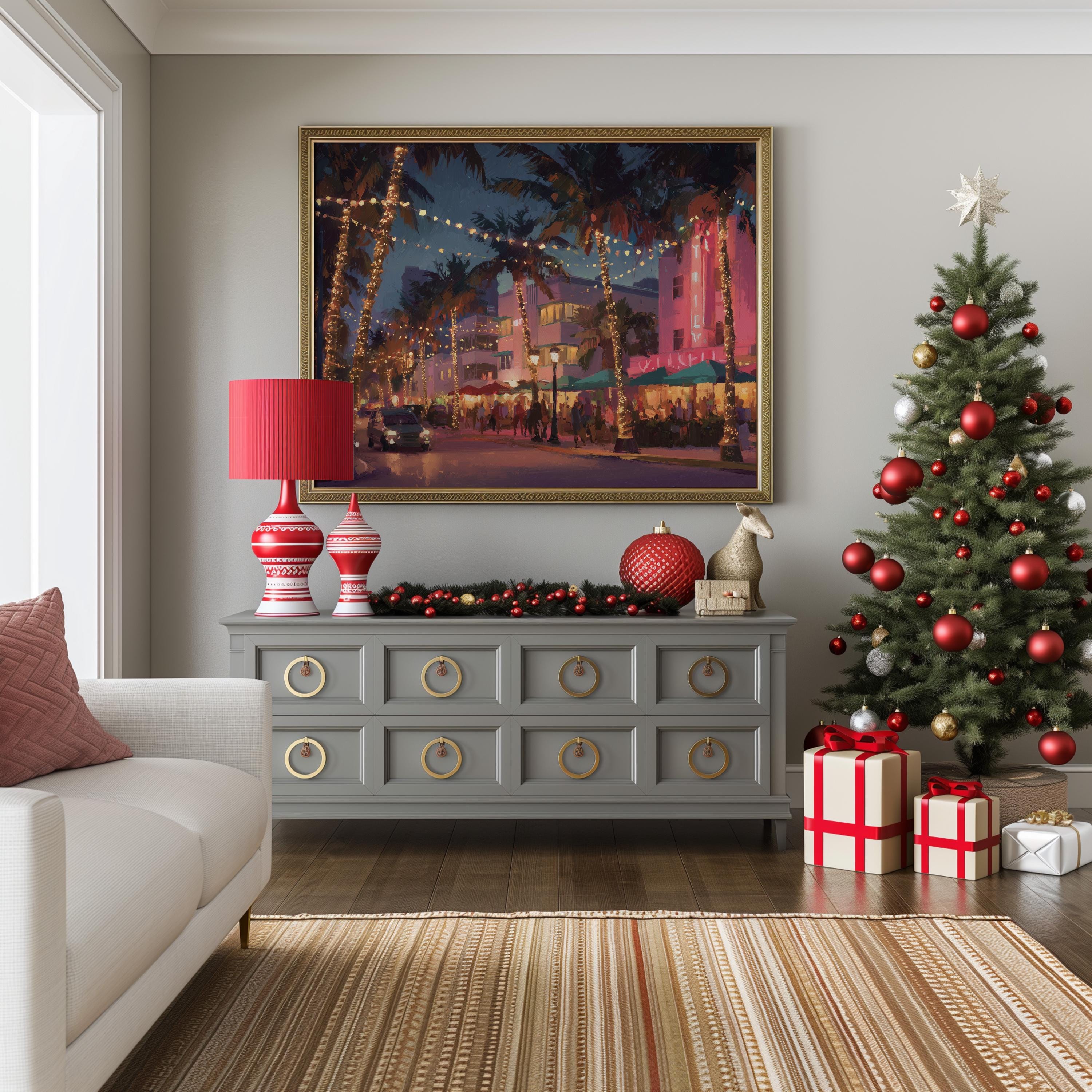 Miami Florida Christmas Wall Art, Custom Large Travel Poster Print, World Location Painting