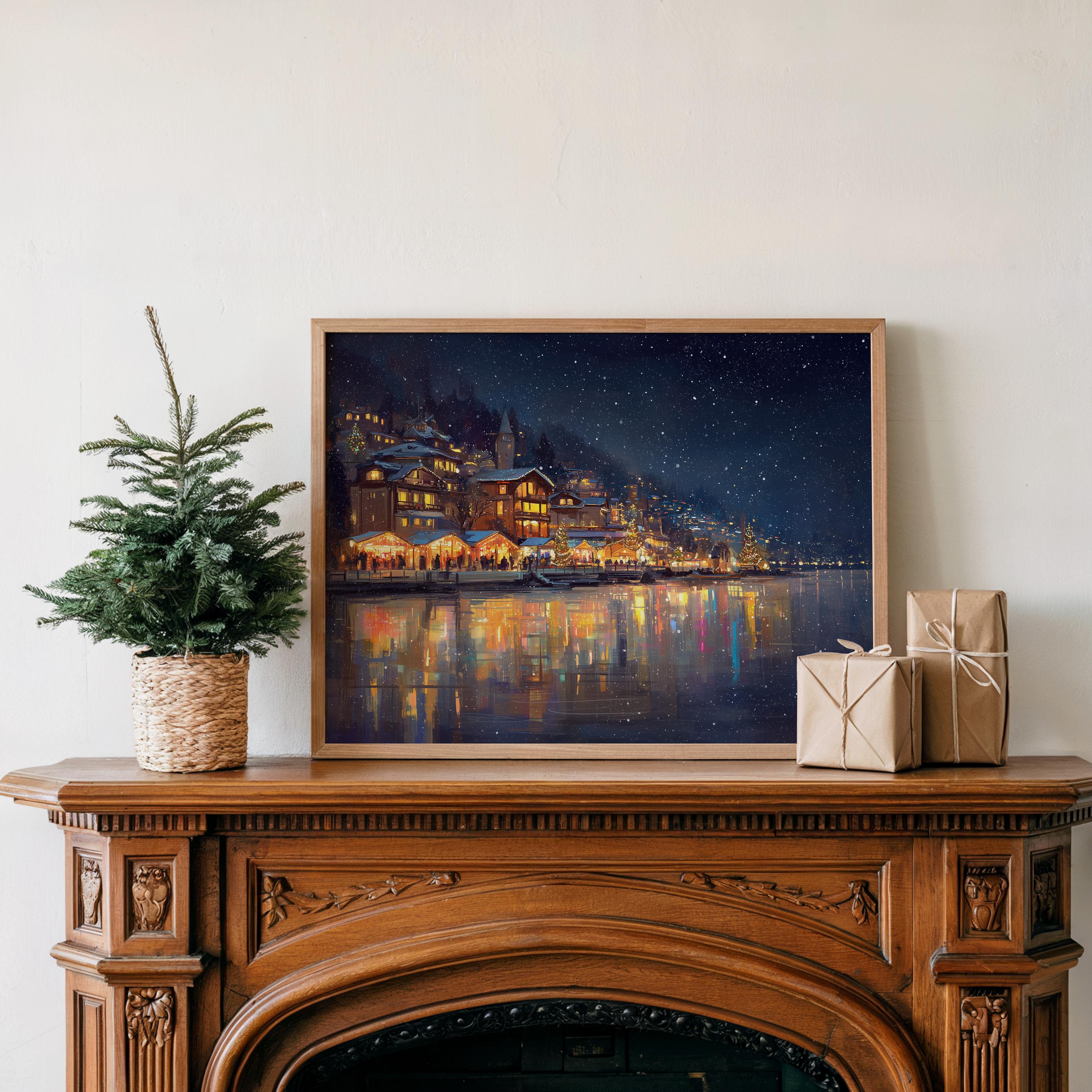 Montreux Switzerland Christmas Wall Art, Custom Large Travel Poster Print, World Location Painting