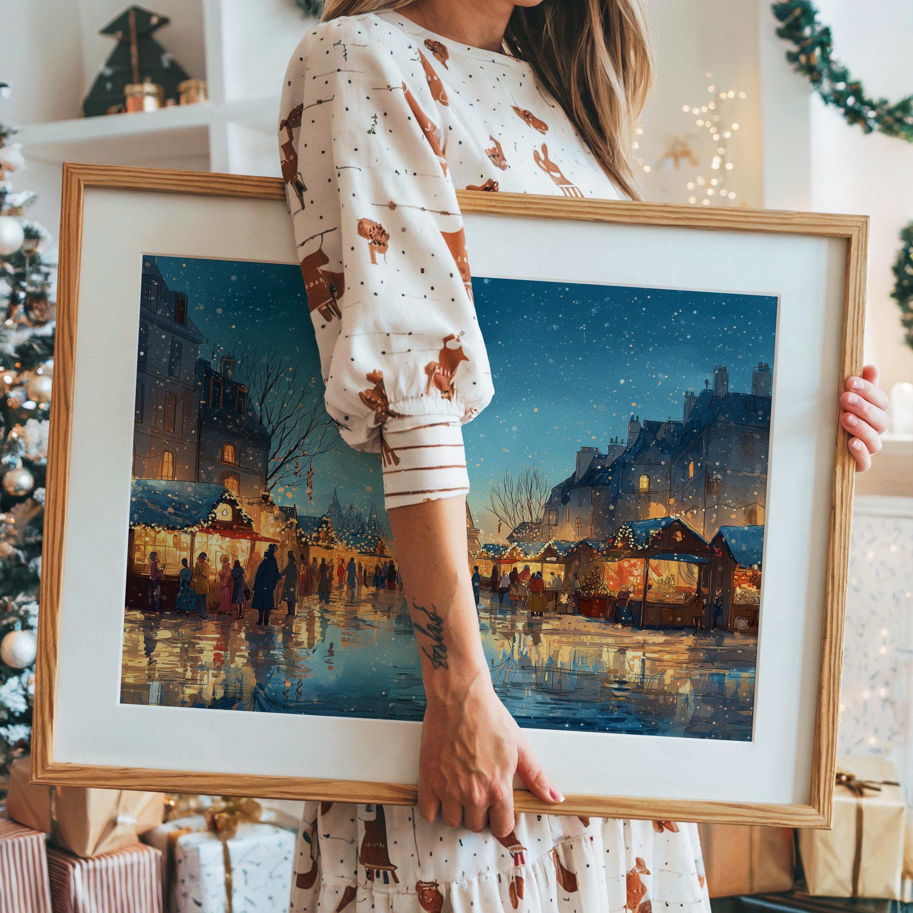 Paris France Christmas Wall Art, Custom Large Travel Poster Print, World Location Painting