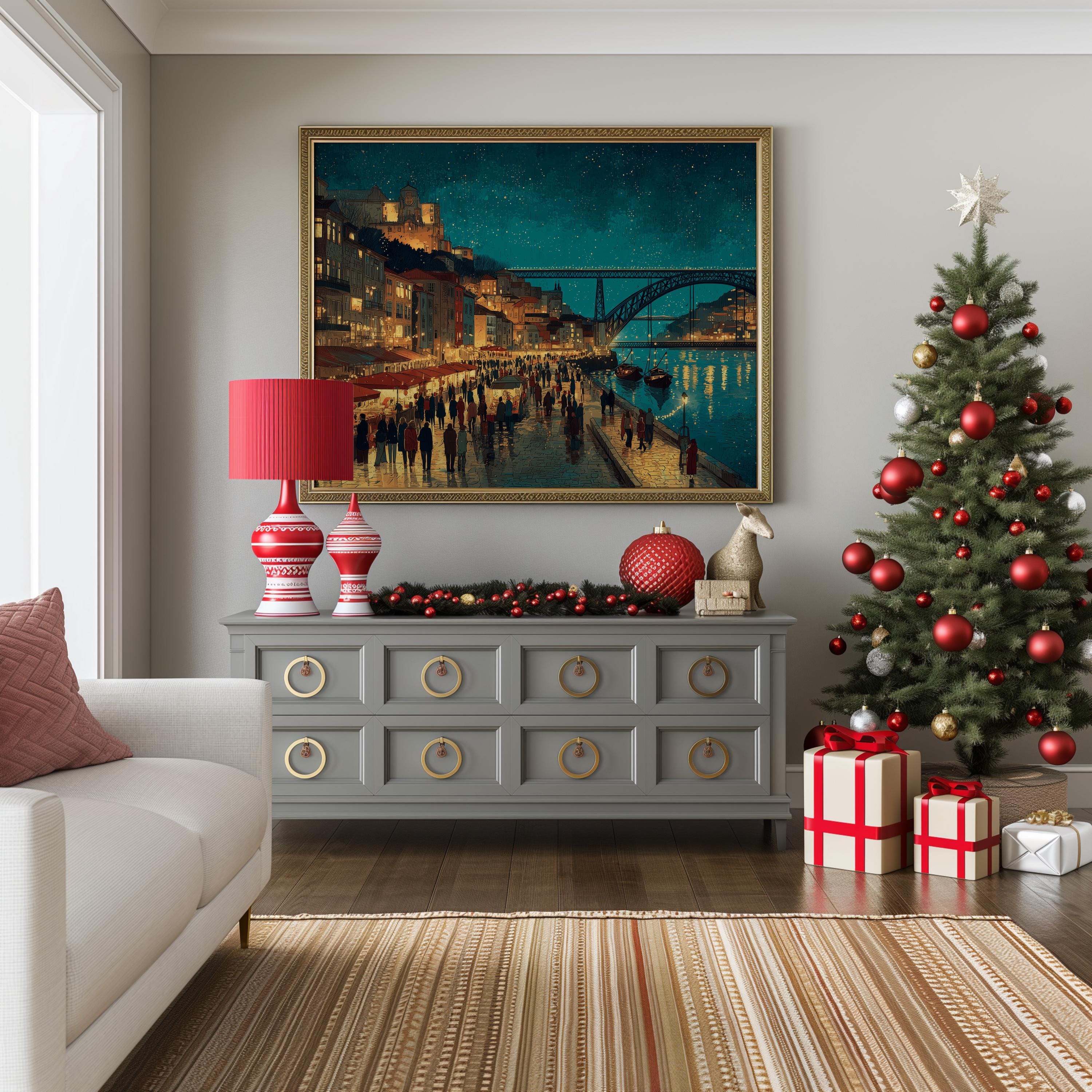 Porto Portugal Christmas Wall Art, Custom Large Travel Poster Print, World Location Painting