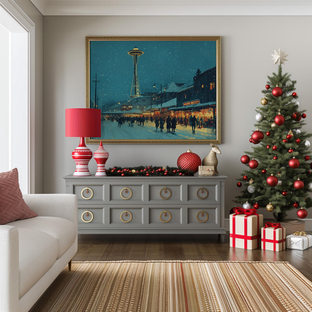 Seattle Washington Christmas Wall Art, Custom Large Travel Poster Print, World Location Painting