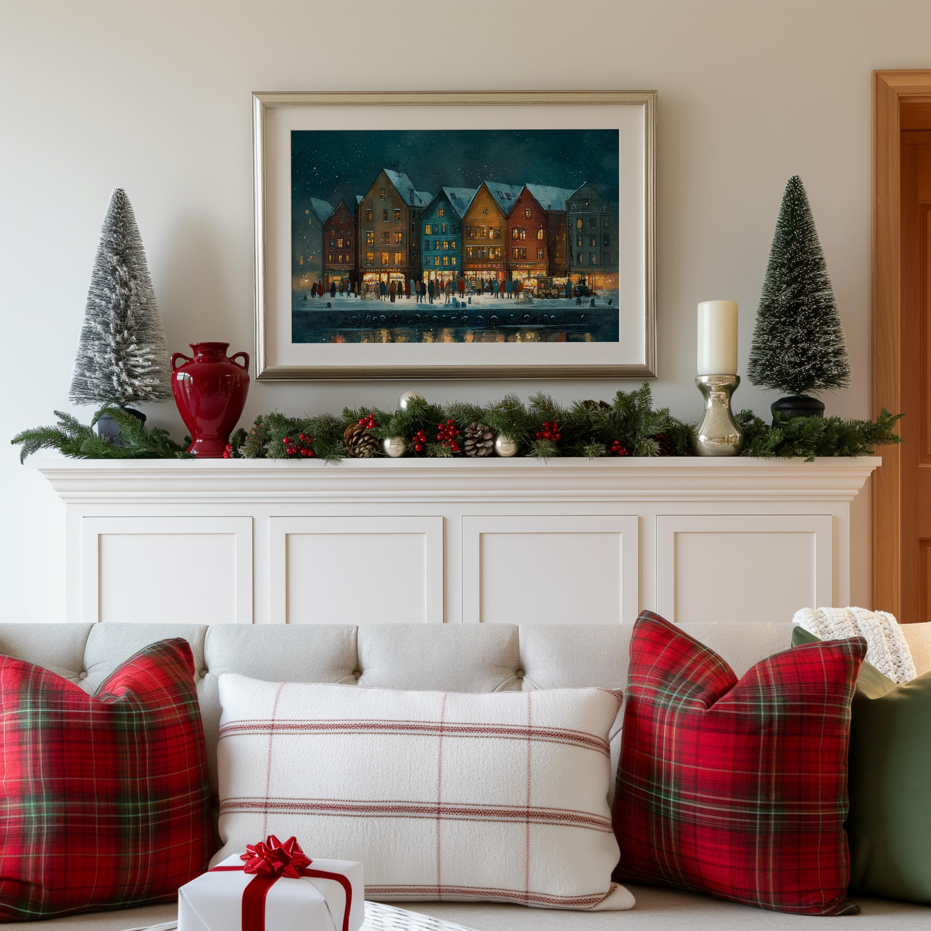 Bergen Norway Christmas Wall Art, Custom Large Travel Poster Print, World Location Painting