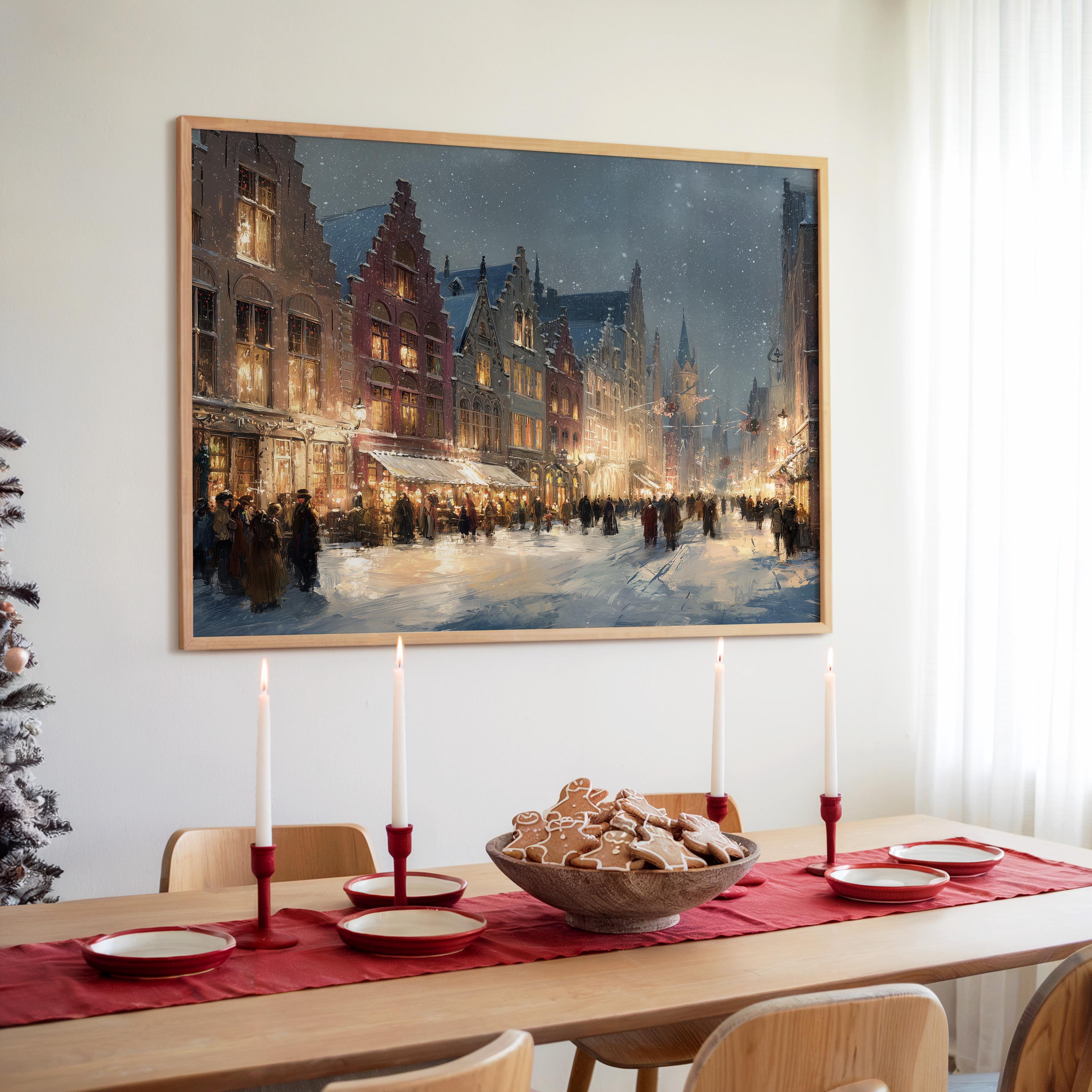 Bruges Belgium Christmas Wall Art, Custom Large Travel Poster Print, World Location Painting