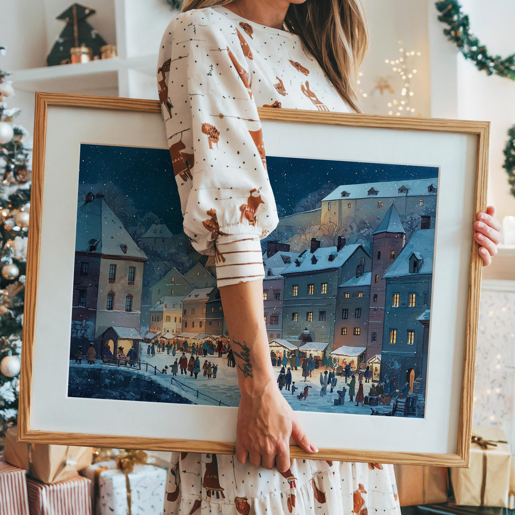 Cesky Krumlov Czech Republic Christmas Wall Art, Custom Large Travel Poster Print, World Location Painting