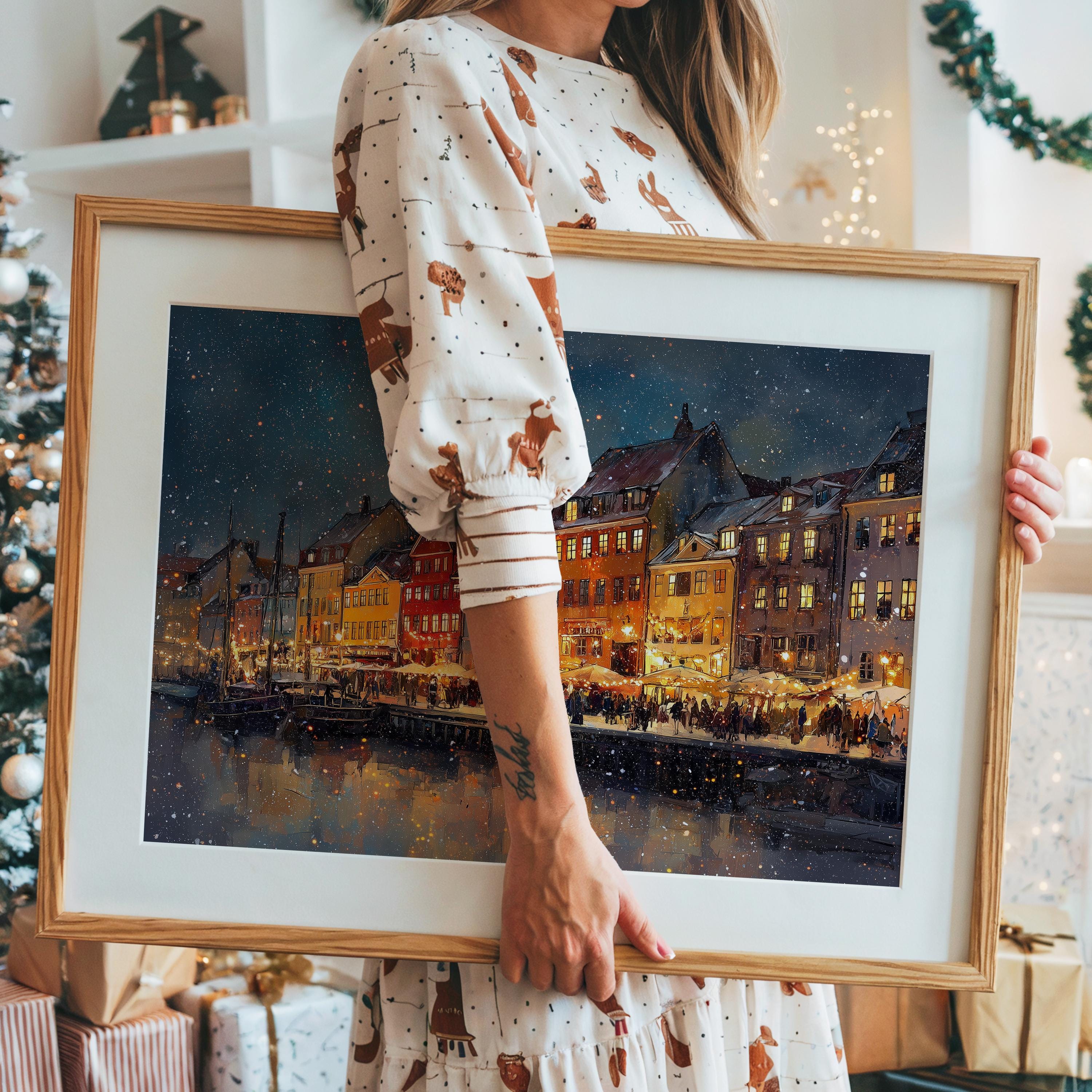 Copenhagen  Denmark Christmas Wall Art, Custom Large Travel Poster Print, World Location Painting