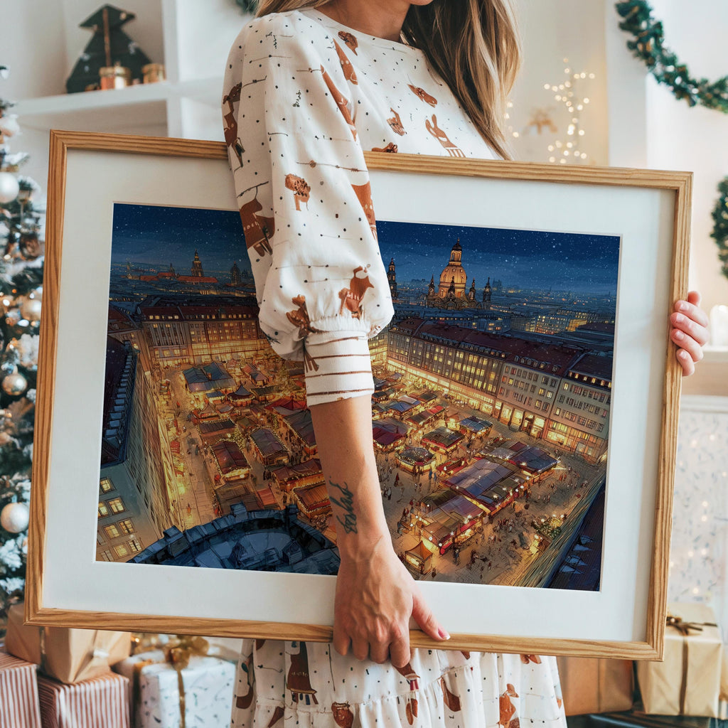 Dresdens Striezelmarkt Germany Christmas Wall Art, Custom Large Travel Poster Print, World Location Painting