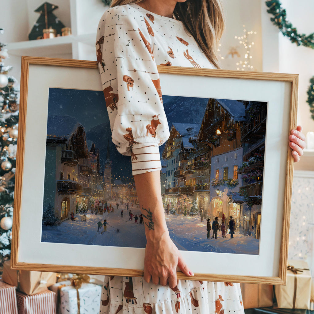 Hallstatt Austria Christmas Wall Art, Custom Large Travel Poster Print, World Location Painting