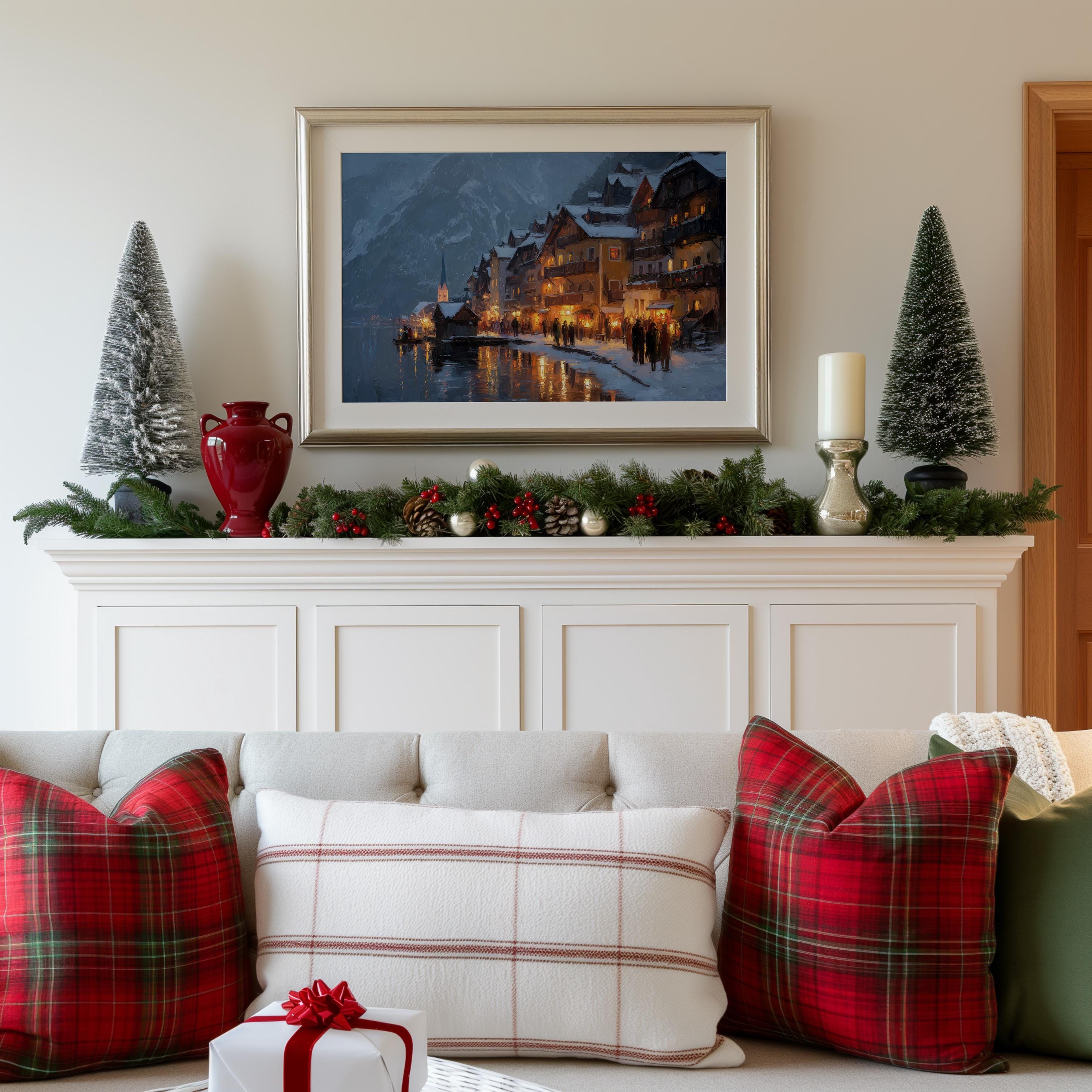 Hallstatt Christmas Wall Art, Custom Large Austria Travel Poster Print, World Location Painting