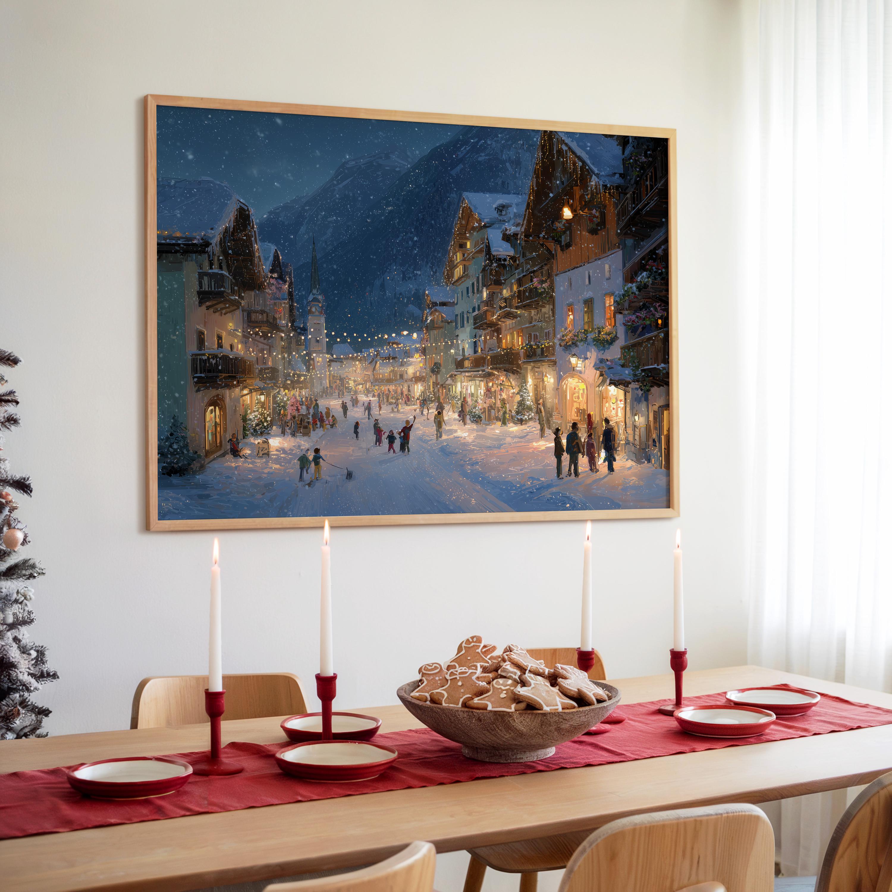 Hallstatt Austria Christmas Wall Art, Custom Large Travel Poster Print, World Location Painting