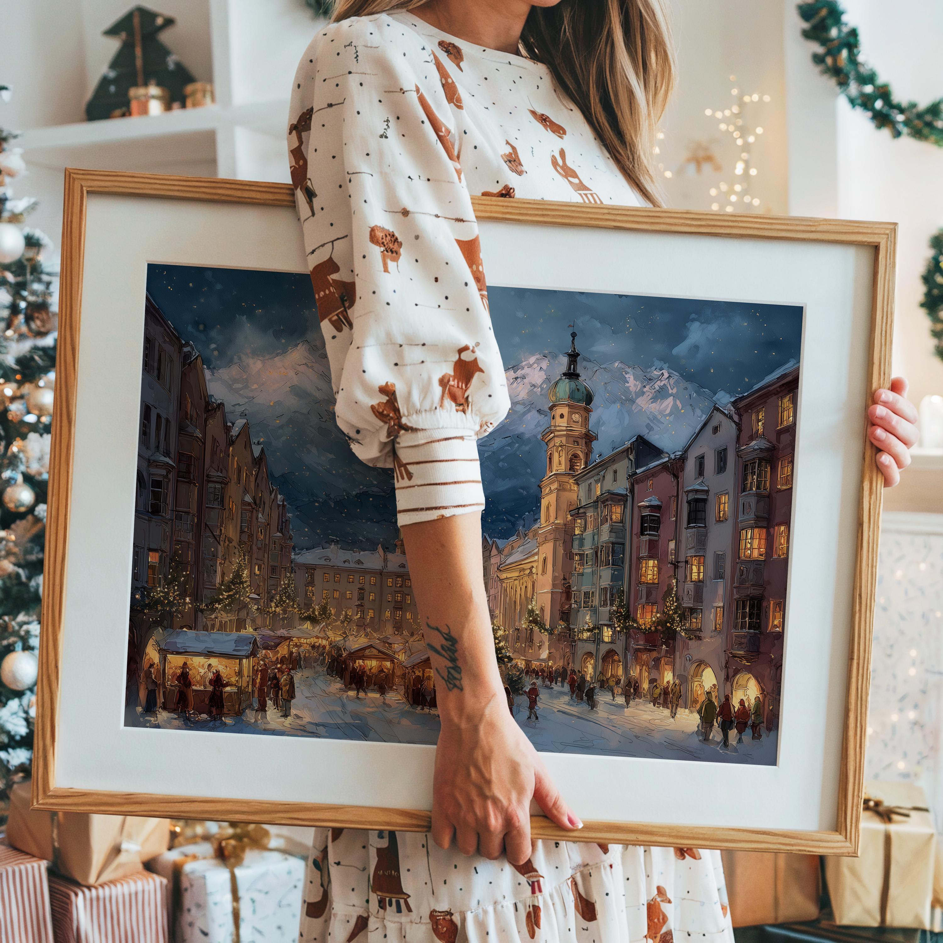 Innsbruck Austria Christmas Wall Art, Custom Large Travel Poster Print, World Location Painting