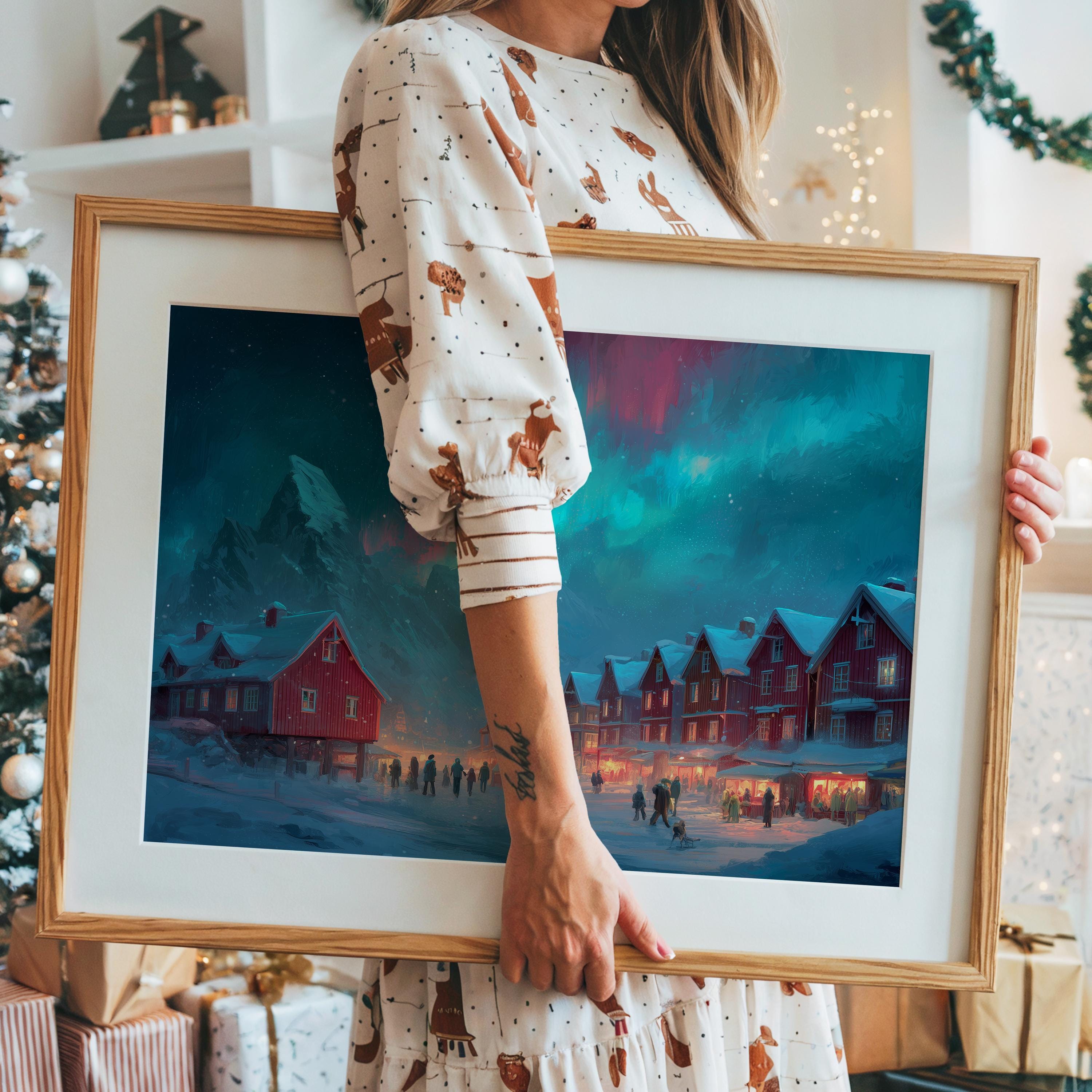 Lofoten Norway Christmas Wall Art, Custom Large Travel Poster Print, World Location Painting