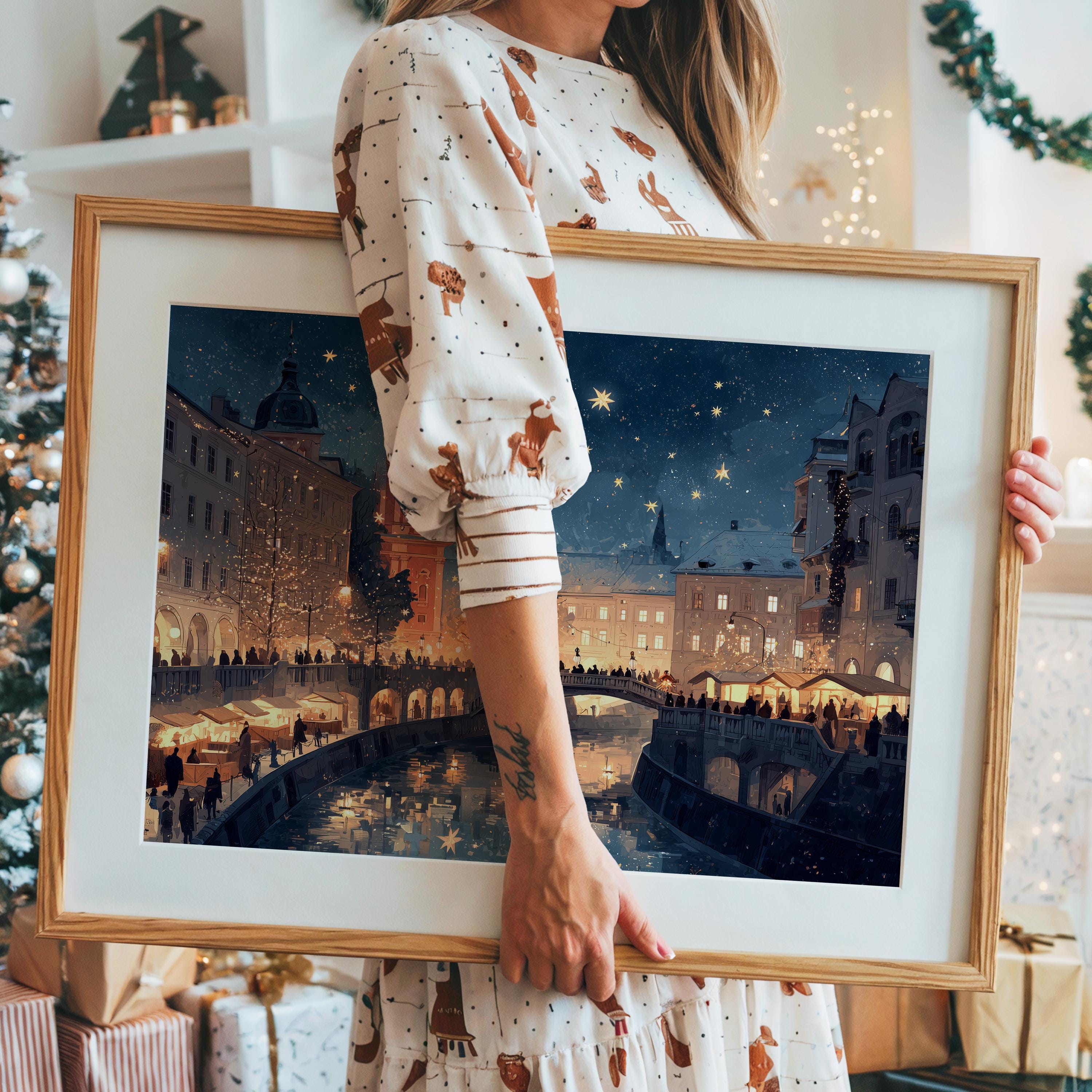 Ljubljana Slovenia Christmas Wall Art, Custom Large Travel Poster Print, World Location Painting