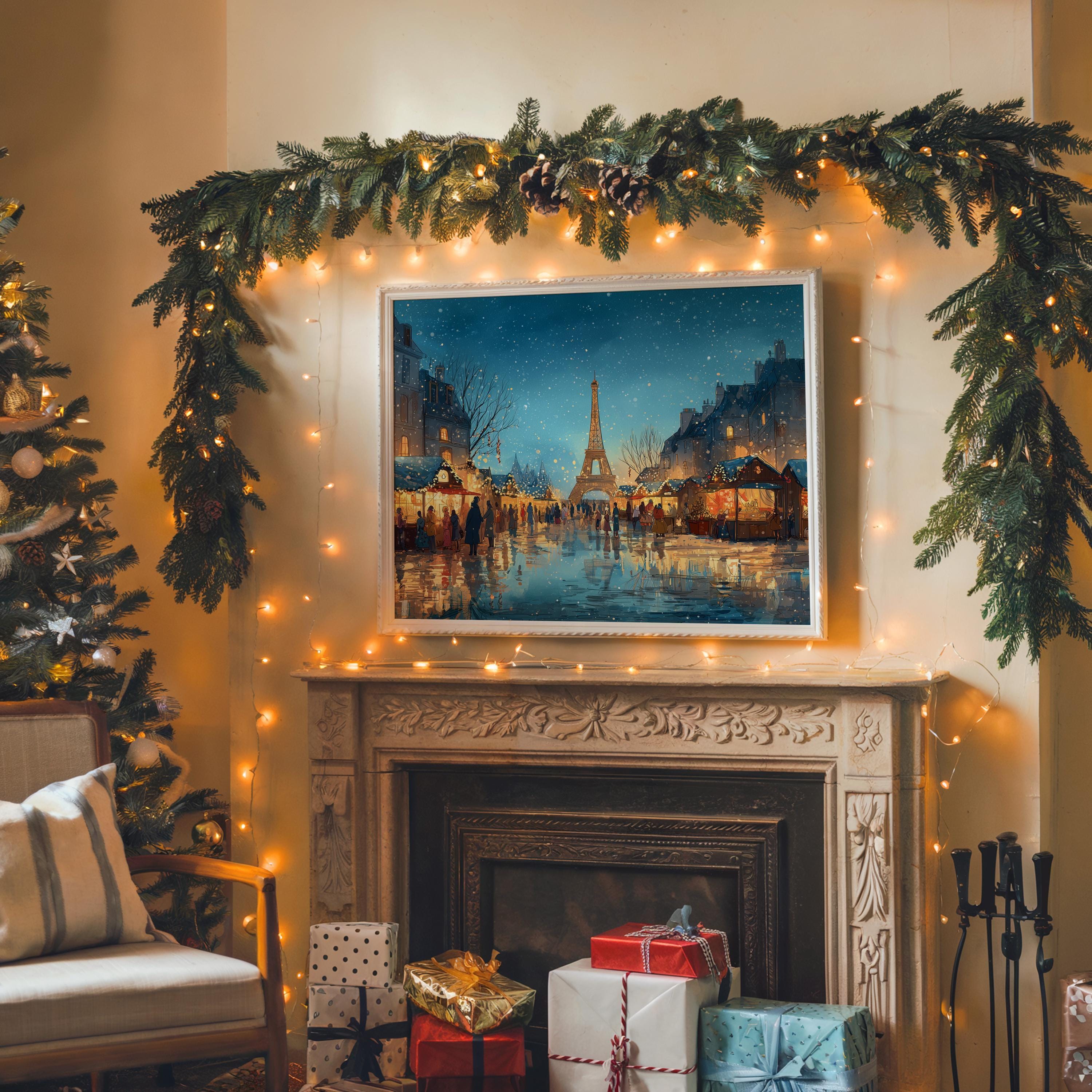 Paris France Christmas Wall Art, Custom Large Travel Poster Print, World Location Painting