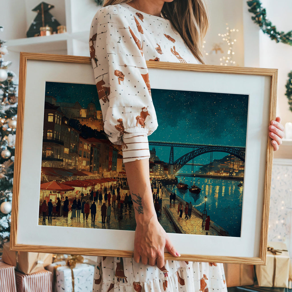 Porto Portugal Christmas Wall Art, Custom Large Travel Poster Print, World Location Painting