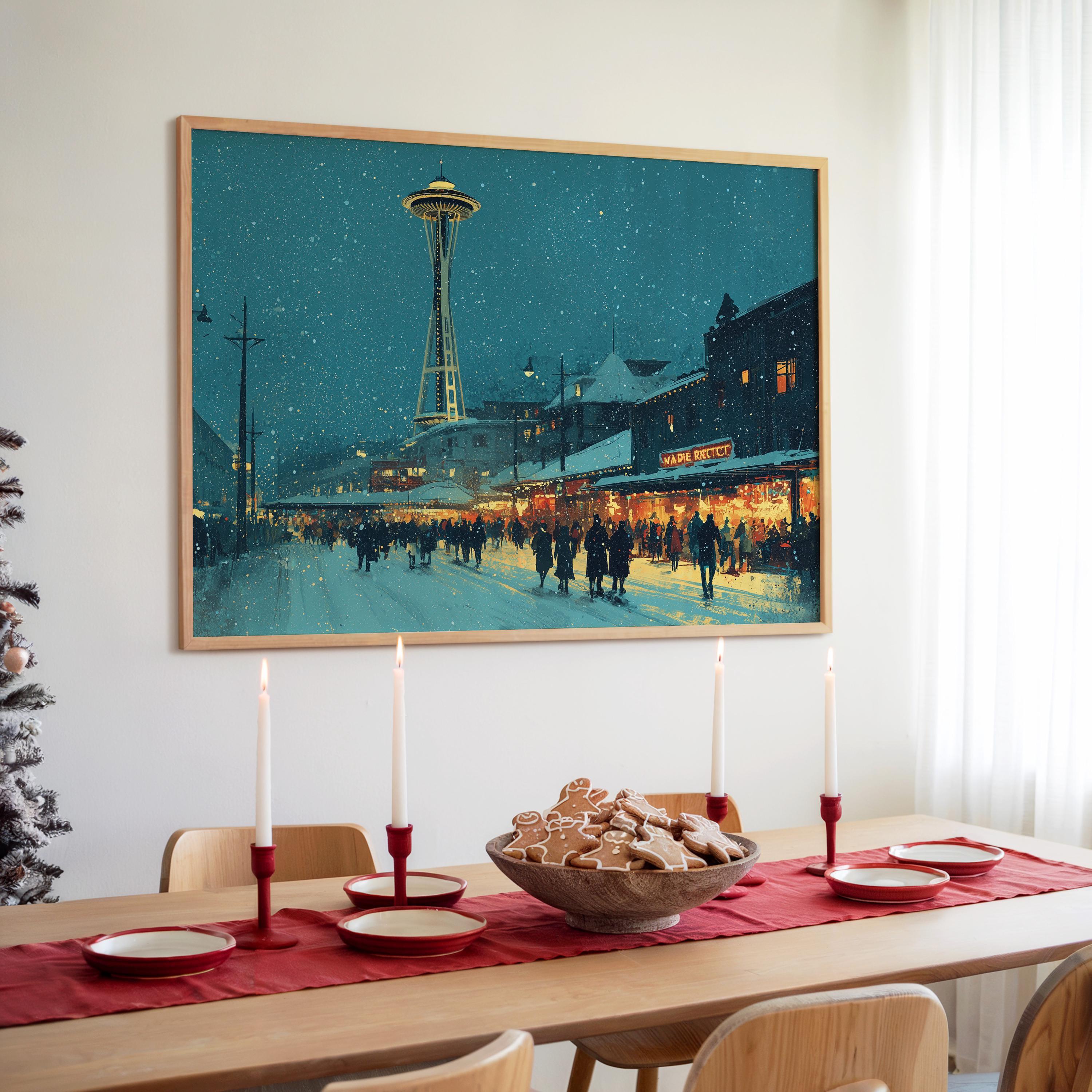 Seattle Washington Christmas Wall Art, Custom Large Travel Poster Print, World Location Painting