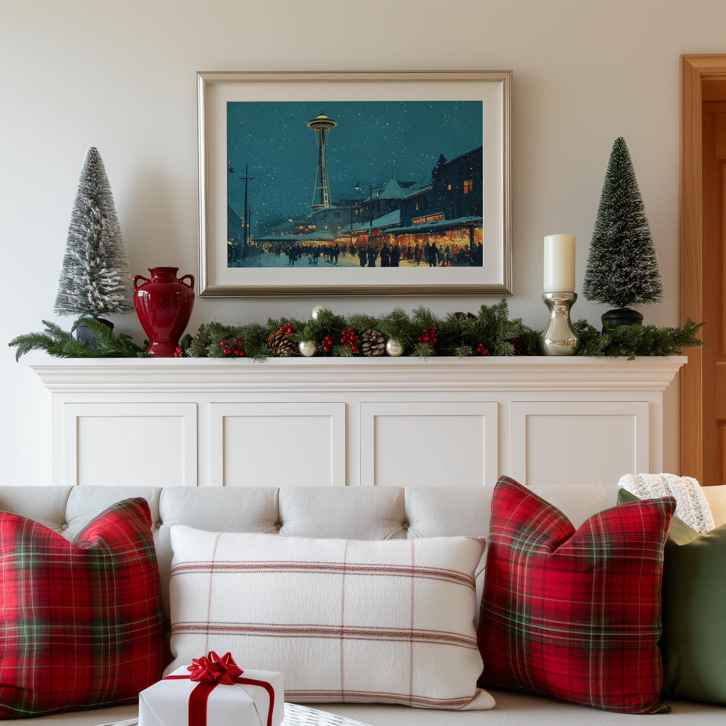 Seattle Washington Christmas Wall Art, Custom Large Travel Poster Print, World Location Painting