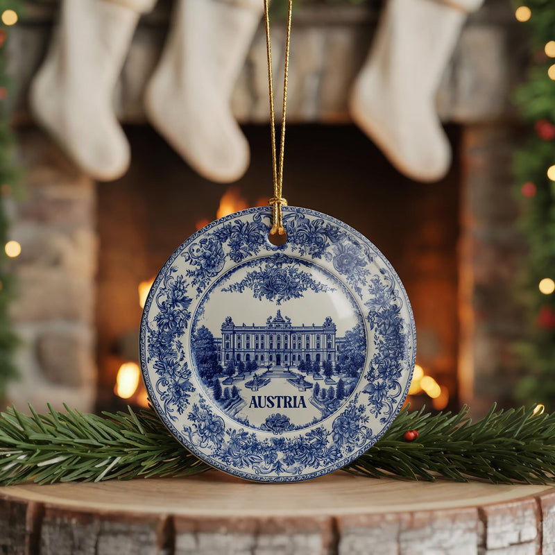 Austria Ornament, Custom Christmas Keepsake, Ceramic Blue White Travel Souvenir