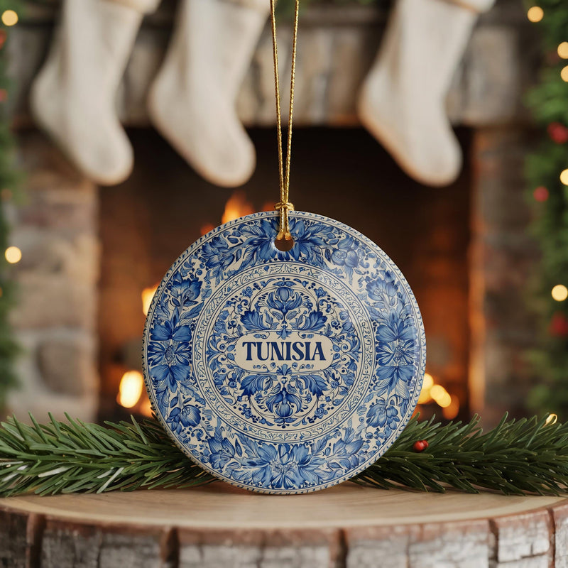 Tunisia Ornament, Custom Christmas Keepsake, Ceramic Blue White Travel Souvenir