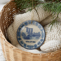 Singapore Ornament, Custom Christmas Keepsake, Ceramic Blue White Travel Souvenir