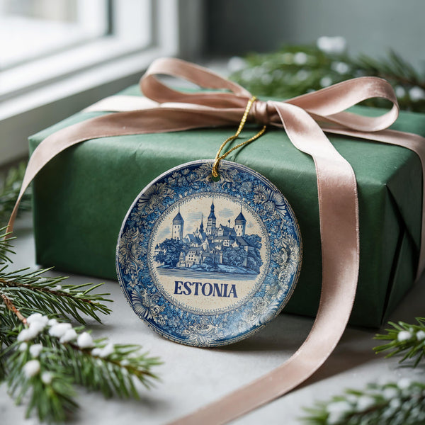 Estonia Ornament, Custom Christmas Keepsake, Ceramic Blue White Travel Souvenir
