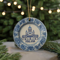 Finland Ornament, Custom Christmas Keepsake, Ceramic Blue White Travel Souvenir
