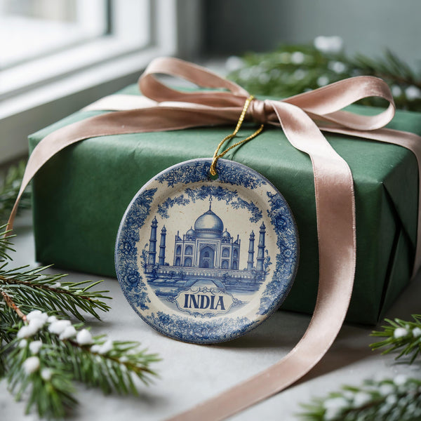 India Ornament, Custom Christmas Keepsake, Ceramic Blue White Travel Souvenir