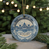 Hungary Ornament, Custom Christmas Keepsake, Ceramic Blue White Travel Souvenir