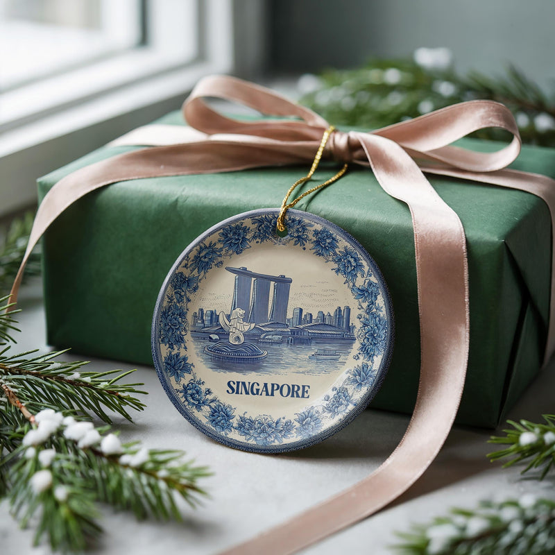 Singapore Ornament, Custom Christmas Keepsake, Ceramic Blue White Travel Souvenir