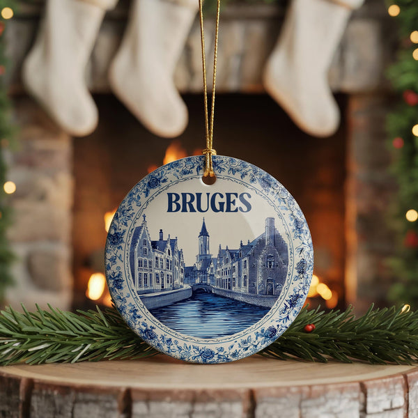 Custom Bruges Belgium Ceramic Delft Ornament, Christmas Delftware Blue white city travel