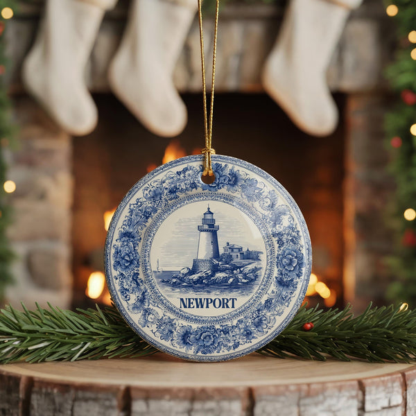 Custom Newport Rhode Island Ceramic Delft Ornament, Christmas Delftware Blue white city travel