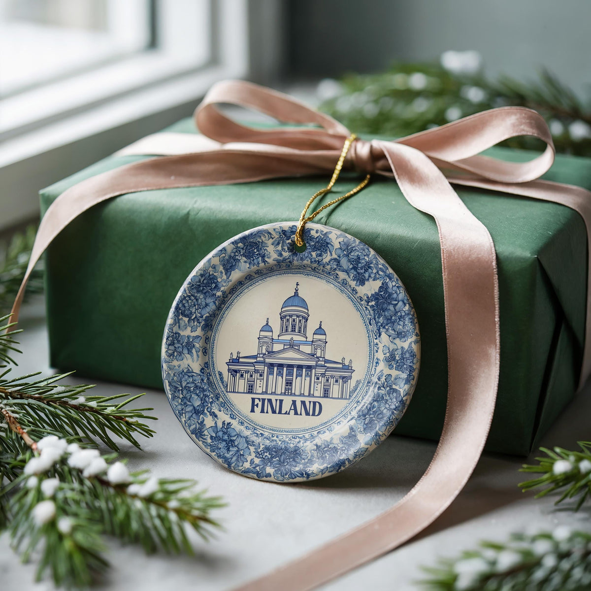 Finland Ornament, Custom Christmas Keepsake, Ceramic Blue White Travel Souvenir