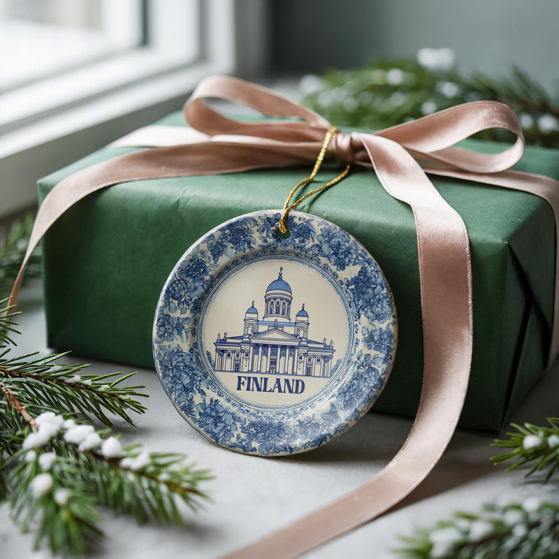 Finland Ornament, Custom Christmas Keepsake, Ceramic Blue White Travel Souvenir
