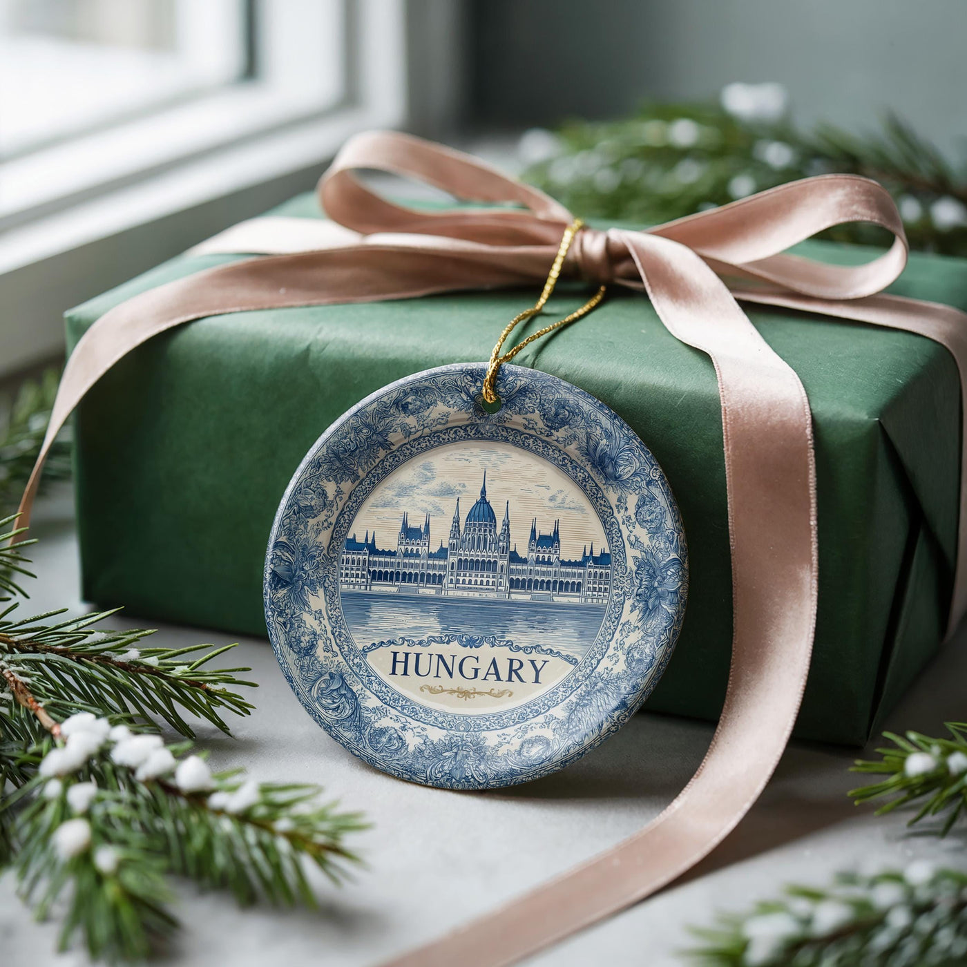 Hungary Ornament, Custom Christmas Keepsake, Ceramic Blue White Travel Souvenir