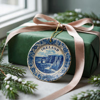 Ireland Ornament, Custom Christmas Keepsake, Ceramic Blue White Travel Souvenir