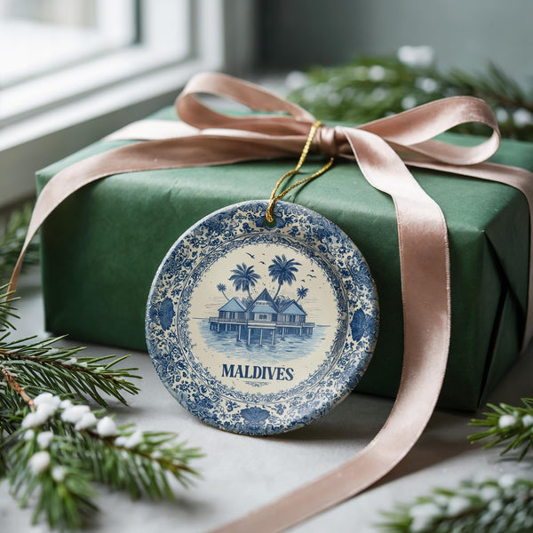 Maldives Ornament, Custom Christmas Keepsake, Ceramic Blue White Travel Souvenir