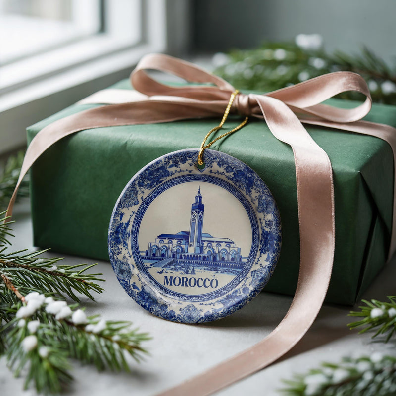 Morocco Ornament, Custom Christmas Keepsake, Ceramic Blue White Travel Souvenir