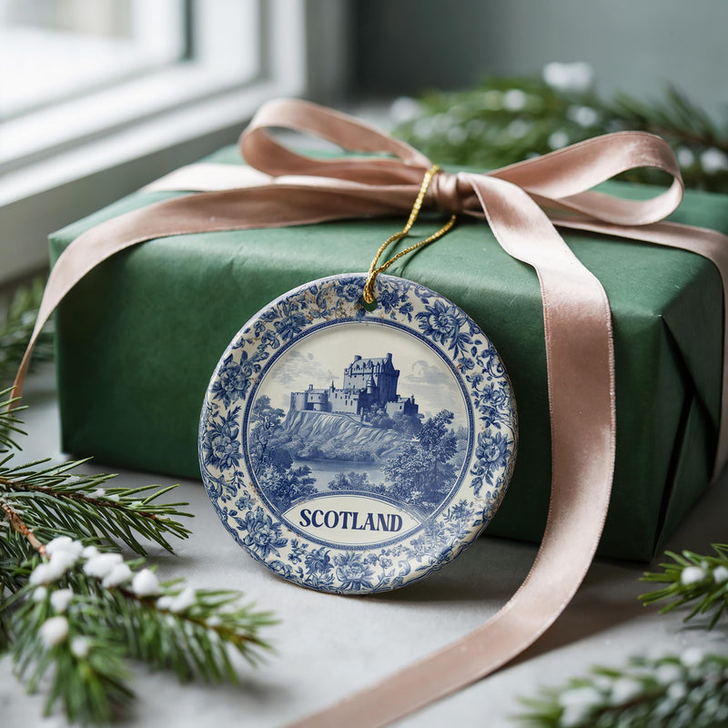 Scotland Ornament, Custom Christmas Keepsake, Ceramic Blue White Travel Souvenir