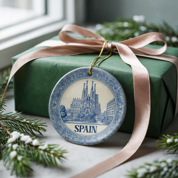 Spain Ornament, Custom Christmas Keepsake, Ceramic Blue White Travel Souvenir